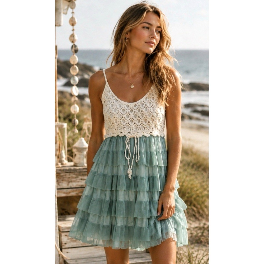 J Gee Crochet Babydoll Ruffle Mini Dress Size L Fairy Cottage Romantic Coquette